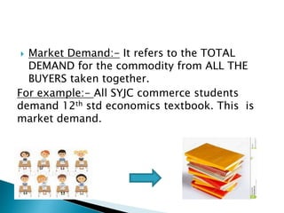  Market Demand:- It refers to the TOTAL
DEMAND for the commodity from ALL THE
BUYERS taken together.
For example:- All SYJC commerce students
demand 12th std economics textbook. This is
market demand.
 
