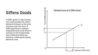 Giffens Goods
A Giffen good is a low-income,
non-luxury product for which
demand increases as the price
increases and vice versa. A
Giffen good has an upward-
sloping demand curve which is
contrary to the fundamental
laws of demand which are
based on a downward sloping
demand curve.
 
