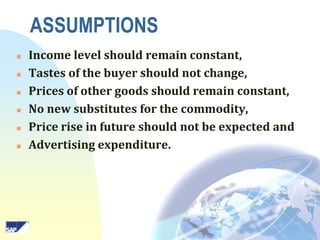 ASSUMPTIONS







Income level should remain constant,
Tastes of the buyer should not change,
Prices of other goods should remain constant,
No new substitutes for the commodity,
Price rise in future should not be expected and
Advertising expenditure.

 