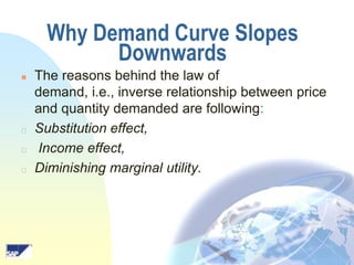 Why Demand Curve Slopes
Downwards






The reasons behind the law of
demand, i.e., inverse relationship between price
and quantity demanded are following:
Substitution effect,
Income effect,
Diminishing marginal utility.

 