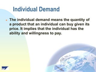 Individual Demand


The individual demand means the quantity of
a product that an individual can buy given its
price. It implies that the individual has the
ability and willingness to pay.

 