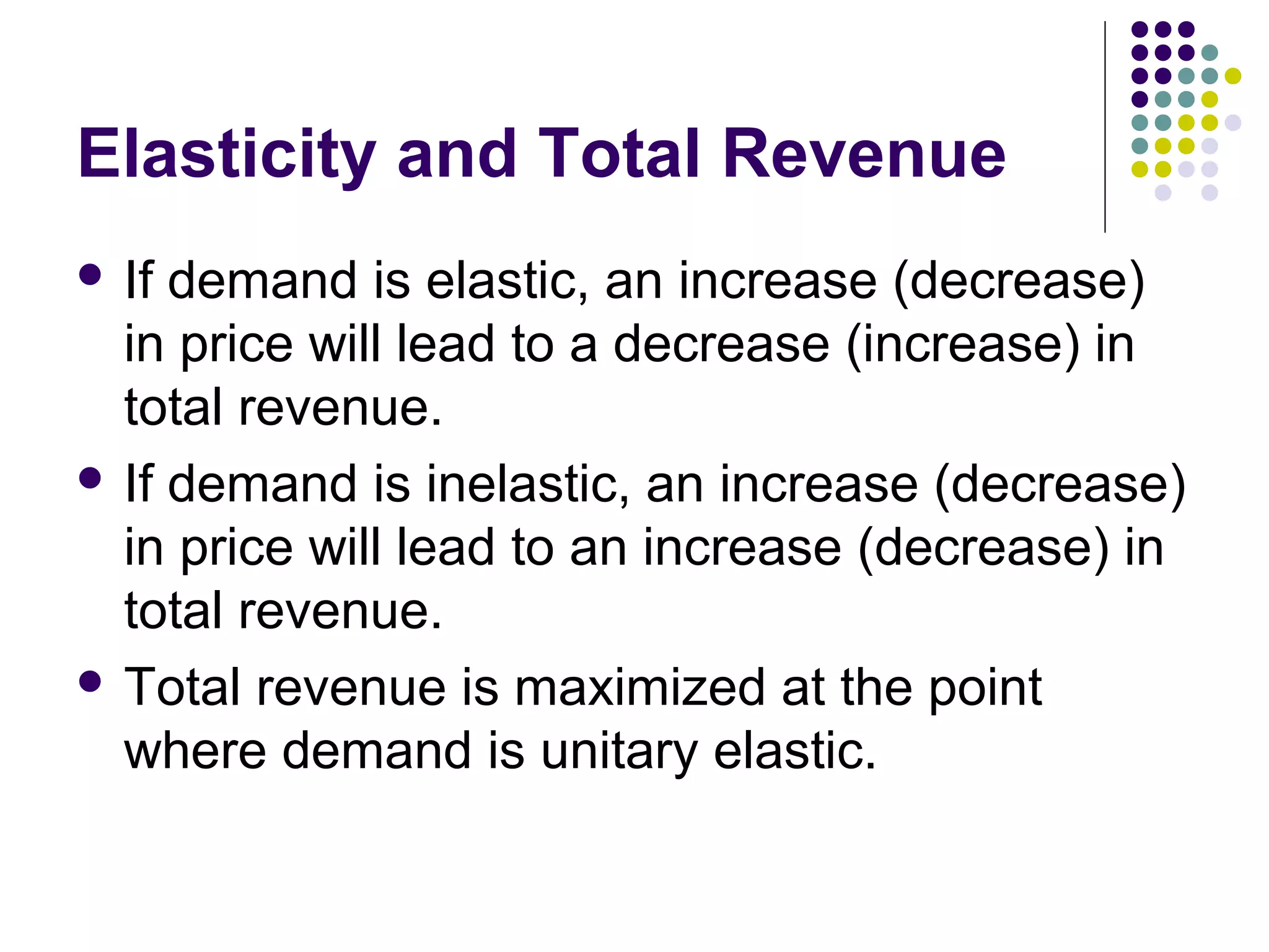 Elasticity and Total Revenue 
 If demand is elastic, an increase (decrease) 
in price will lead to a decrease (increase) in 
total revenue. 
 If demand is inelastic, an increase (decrease) 
in price will lead to an increase (decrease) in 
total revenue. 
 Total revenue is maximized at the point 
where demand is unitary elastic. 
 