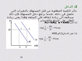 ‫2- الدخل‬
‫تتأثر الكمية المطلوبة من قبل المستهلك بالتغيرات التي‬
‫تحصل في دخله ،عندما يرتفع دخل المستهلك فإن ذلك‬
‫سيدفعه الى زيادة إنفاقه على السلعة وهذا يعني زيادة‬
‫الطلب على السلع والخدمات كما في المثال التالي :‬

‫إذا كان ) 002$ = )‪ I‬و) 02$ =)‪Px‬‬

‫‪I‬‬
‫002‬
‫=‬
‫وحدة 01 =‬
‫‪=Qd‬‬
‫02 ‪Px‬‬

‫إذا تغير الدخل)‪ (I‬الى $004‬
‫004 ‪I‬‬
‫=‬
‫وحدة 02 =‬
‫‪=Qd‬‬
‫02 ‪Px‬‬

‫01‬

 