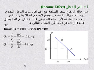 ‫أ – أثر الدخل )‪(Income Effect‬‬
‫في حالة ارتفاع سعر السلعة مع افتراض ثبات الدخل النقدي‬
‫يجد المستهلك نفسه في وضع ليسمح له ال بشراء نفس‬
‫الكمية السابقة لن دخله الحقيقي قد انخفض و هذا يطلق‬
‫عليه ) أثر الدخل( كما في المثال التالي :-‬
‫‪:If‬‬
‫$01= )‪Incom(I) = 100$ , Price (P‬‬
‫001 ‪I‬‬
‫= = ‪Qd‬‬
‫وحدة 01 =‬
‫01 ‪P‬‬
‫001 ‪I‬‬
‫= = ‪Qd‬‬
‫وحدة 4 =‬
‫‪P‬‬
‫52‬

‫6‬

 