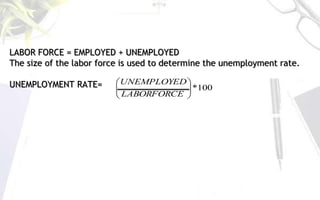 LABOR FORCE = EMPLOYED + UNEMPLOYED
The size of the labor force is used to determine the unemployment rate.
UNEMPLOYMENT RATE= 100
*








LABORFORCE
UNEMPLOYED
 