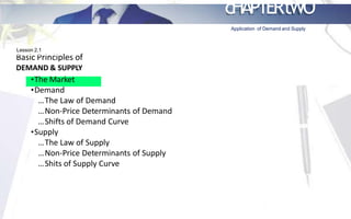 Basic Principles of
DEMAND & SUPPLY
•The Market
•Demand
…The Law of Demand
…Non-Price Determinants of Demand
…Shifts of Demand Curve
•Supply
…The Law of Supply
…Non-Price Determinants of Supply
…Shits of Supply Curve
Lesson 2.1
Application of Demand and Supply
Lesson 2.3
Lesson 2.2
Demand and Supply in Relation to the
PRICE OF BASIC COMMODITIES
•Market Equilibrium
•Application of Demand and Supply in
Relation to Housing Shortage
ELASTICITY of
Demand and Supply
•Elasticity of Demand
…Price Elasticity of demand
…Income Elasticity of Demand
…Cross Price Elasticity of Demand
•Price Elasticity of Supply
cHAPTERtWO
 