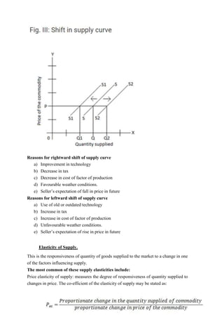 Reasons for rightward shift of supply curve
a) Improvement in technology
b) Decrease in tax
c) Decrease in cost of factor of production
d) Favourable weather conditions.
e) Seller’s expectation of fall in price in future
Reasons for leftward shift of supply curve
a) Use of old or outdated technology
b) Increase in tax
c) Increase in cost of factor of production
d) Unfavourable weather conditions.
e) Seller’s expectation of rise in price in future
Elasticity of Supply.
This is the responsiveness of quantity of goods supplied to the market to a change in one
of the factors influencing supply.
The most common of these supply elasticities include:
Price elasticity of supply: measures the degree of responsiveness of quantity supplied to
changes in price. The co-efficient of the elasticity of supply may be stated as:
 