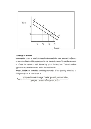 Elasticity of Demand
Measures the extent to which the quantity demanded of a good responds to changes
in one of the factors affecting demand i.e. the responsiveness of demand to a change
in a factor that influences such demand e.g. prices, incomes, etc. There are various
types of elasticities of demand. These are discussed as:
Price Elasticity of Demand: is the responsiveness of the quantity demanded to
changes in price; its co-efficient is
 