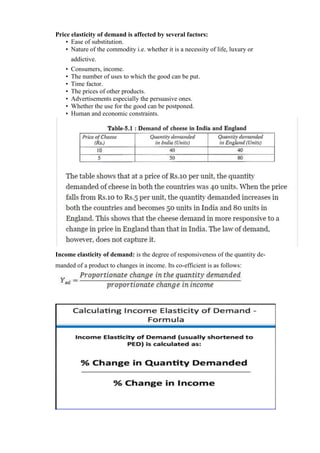 Price elasticity of demand is affected by several factors:
• Ease of substitution.
• Nature of the commodity i.e. whether it is a necessity of life, luxury or
addictive.
• Consumers, income.
• The number of uses to which the good can be put.
• Time factor.
• The prices of other products.
• Advertisements especially the persuasive ones.
• Whether the use for the good can be postponed.
• Human and economic constraints.
Income elasticity of demand: is the degree of responsiveness of the quantity de-
manded of a product to changes in income. Its co-efficient is as follows:
 