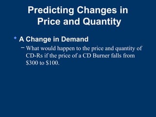 Predicting Changes in
Price and Quantity
 A Change in Demand
– What would happen to the price and quantity of
CD-Rs if the price of a CD Burner falls from
$300 to $100.
 
