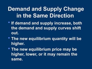 Demand and Supply Change
in the Same Direction
 If demand and supply increase, both
the demand and supply curves shift
out.
 The new equilibrium quantity will be
higher.
 The new equilibrium price may be
higher, lower, or it may remain the
same.
 