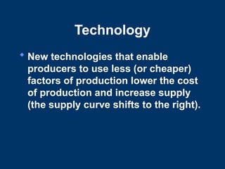 Technology
 New technologies that enable
producers to use less (or cheaper)
factors of production lower the cost
of production and increase supply
(the supply curve shifts to the right).
 