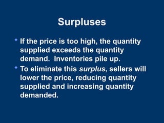 Surpluses
 If the price is too high, the quantity
supplied exceeds the quantity
demand. Inventories pile up.
 To eliminate this surplus, sellers will
lower the price, reducing quantity
supplied and increasing quantity
demanded.
 