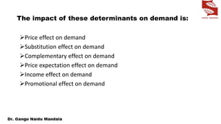 The impact of these determinants on demand is:
Price effect on demand
Substitution effect on demand
Complementary effect on demand
Price expectation effect on demand
Income effect on demand
Promotional effect on demand
 