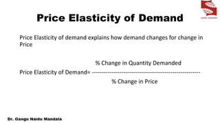 Price Elasticity of Demand
Price Elasticity of demand explains how demand changes for change in
Price
% Change in Quantity Demanded
Price Elasticity of Demand= -------------------------------------------------------
% Change in Price
 