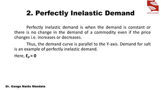 2. Perfectly Inelastic Demand
Perfectly inelastic demand is when the demand is constant or
there is no change in the demand of a commodity even if the price
changes i.e. increases or decreases.
Thus, the demand curve is parallel to the Y-axis. Demand for salt
is an example of perfectly inelastic demand.
Here, EP = 0
 
