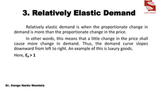3. Relatively Elastic Demand
Relatively elastic demand is when the proportionate change in
demand is more than the proportionate change in the price.
In other words, this means that a little change in the price shall
cause more change in demand. Thus, the demand curve slopes
downward from left to right. An example of this is luxury goods.
Here, EP ˃ 1
 