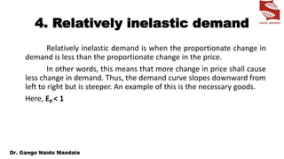 4. Relatively inelastic demand
Relatively inelastic demand is when the proportionate change in
demand is less than the proportionate change in the price.
In other words, this means that more change in price shall cause
less change in demand. Thus, the demand curve slopes downward from
left to right but is steeper. An example of this is the necessary goods.
Here, EP ˂ 1
 