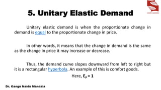 5. Unitary Elastic Demand
Unitary elastic demand is when the proportionate change in
demand is equal to the proportionate change in price.
In other words, it means that the change in demand is the same
as the change in price it may increase or decrease.
Thus, the demand curve slopes downward from left to right but
it is a rectangular hyperbola. An example of this is comfort goods.
Here, EP = 1
 