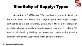 Elasticity of Supply: Types
According to Prof Thomas, “The supply of a commodity is said to
be elastic when as a result of a charge in price, the supply changes
sufficiently as a quick response. Contrarily, if there is no change or
negligible change in supply or supply pays no response, it is elastic.” It
can be calculated by dividing the percentage change in the quantity
supplied with percentage change in the price of a product.
 
