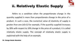ii. Relatively Elastic Supply
Refers to a condition when the proportionate change in the
quantity supplied is more than proportionate change in the price of a
product. In such a case, the numerical value of elasticity of supply is
greater than one (eS>1) For example, if the quantity supplied increases
by 30% with respect to 10% change in the price of a product, it is called
relatively elastic supply. The concept of relatively elastic supply is
explained with the help of an example.
 