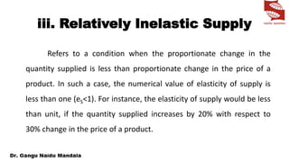 iii. Relatively Inelastic Supply
Refers to a condition when the proportionate change in the
quantity supplied is less than proportionate change in the price of a
product. In such a case, the numerical value of elasticity of supply is
less than one (eS<1). For instance, the elasticity of supply would be less
than unit, if the quantity supplied increases by 20% with respect to
30% change in the price of a product.
 