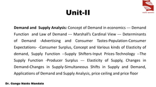 Unit-II
Demand and Supply Analysis: Concept of Demand in economics --- Demand
Function and Law of Demand --- Marshall’s Cardinal View --- Determinants
of Demand -Advertising and Consumer Tastes-Population-Consumer
Expectations- -Consumer Surplus, Concept and Various kinds of Elasticity of
demand, Supply Function --Supply Shifters-Input Prices-Technology --The
Supply Function -Producer Surplus --- Elasticity of Supply, Changes in
Demand-Changes in Supply-Simultaneous Shifts in Supply and Demand,
Applications of Demand and Supply Analysis, price ceiling and price floor
 