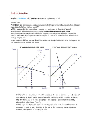Indirect taxation
Author: Geoff Riley Last updated: Sunday 23 September, 2012
Introduction
An indirect tax is imposed on producers (suppliers) by the government. Examples include duties on
cigarettes, alcohol and fuel and also VAT
VAT is a tax placed on the expenditure / a tax set as a percentage of the price of a good)
A tax increases the costs of production causing an inward shift in the supply curve
The vertical distance between the pre-tax and the post-tax supply curve shows the tax per unit
With an indirect tax, the supplier may be able to pass on some or all of this tax onto the consumer
through a higher price
This is known as shifting the burden of the tax and the ability of businesses to do this depends on
the price elasticity of demand and supply

In the left hand diagram, demand is elastic so the producer must absorb most of
the tax and accept a lower profit margin on each unit. When demand is elastic,
the effect of a tax is to raise the price – but we see a bigger fall in quantity.
Output has fallen from Q to Q1.
In the right hand diagram demand for the product is inelastic and therefore the
producer is able to pass on most of the tax to the consumer by raising price
without losing much in the way of sales.

 
