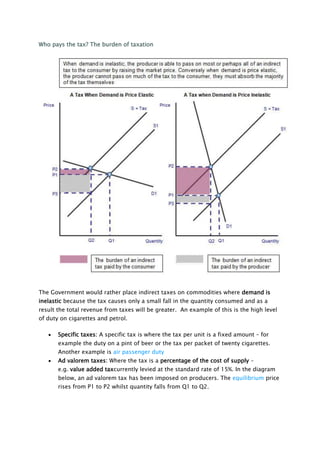 Who pays the tax? The burden of taxation

The Government would rather place indirect taxes on commodities where demand is
inelastic because the tax causes only a small fall in the quantity consumed and as a
result the total revenue from taxes will be greater. An example of this is the high level
of duty on cigarettes and petrol.
Specific taxes: A specific tax is where the tax per unit is a fixed amount – for
example the duty on a pint of beer or the tax per packet of twenty cigarettes.
Another example is air passenger duty
Ad valorem taxes: Where the tax is a percentage of the cost of supply –
e.g. value added taxcurrently levied at the standard rate of 15%. In the diagram
below, an ad valorem tax has been imposed on producers. The equilibrium price
rises from P1 to P2 whilst quantity falls from Q1 to Q2.

 