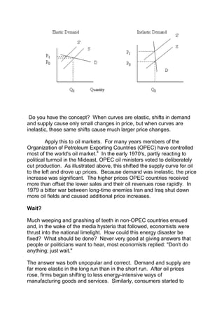 Do you have the concept? When curves are elastic, shifts in demand
and supply cause only small changes in price, but when curves are
inelastic, those same shifts cause much larger price changes.
Apply this to oil markets. For many years members of the
Organization of Petroleum Exporting Countries (OPEC) have controlled
most of the world's oil market.4 In the early 1970's, partly reacting to
political turmoil in the Mideast, OPEC oil ministers voted to deliberately
cut production. As illustrated above, this shifted the supply curve for oil
to the left and drove up prices. Because demand was inelastic, the price
increase was significant. The higher prices OPEC countries received
more than offset the lower sales and their oil revenues rose rapidly. In
1979 a bitter war between long-time enemies Iran and Iraq shut down
more oil fields and caused additional price increases.
Wait?
Much weeping and gnashing of teeth in non-OPEC countries ensued
and, in the wake of the media hysteria that followed, economists were
thrust into the national limelight. How could this energy disaster be
fixed? What should be done? Never very good at giving answers that
people or politicians want to hear, most economists replied: "Don't do
anything; just wait."
The answer was both unpopular and correct. Demand and supply are
far more elastic in the long run than in the short run. After oil prices
rose, firms began shifting to less energy-intensive ways of
manufacturing goods and services. Similarly, consumers started to

 
