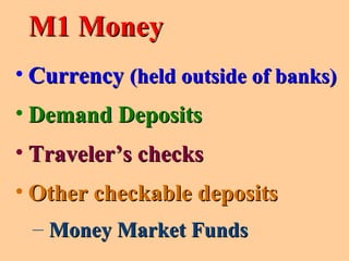 M1 MoneyM1 Money
• CurrencyCurrency (held outside of banks)(held outside of banks)
• Demand DepositsDemand Deposits
• Traveler’s checksTraveler’s checks
• Other checkable depositsOther checkable deposits
– Money Market FundsMoney Market Funds
 