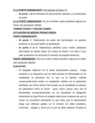 A LA PARTE DEMANDANTE: Del ofertorio de fojas 15: 
- Al punto 1 al 4: Admítase los Documentos ofrecido y la declaración 
de parte. 
A LA PARTE DEMANDADA: No se le admite medio probatorio alguno por 
haber sido declarado rebelde. 
TÓMESE RAZÓN Y HÁGASE SABER.- 
ACTUACIÓN DE MEDIOS PROBATORIOS: 
PARTE DEMANDANTE: 
- Al punto 1: Declaración de parte del demandado no estando 
presente no se pudo recibir su declaración. 
- Al punto 2 al 4: Habiéndose admitido como medio probatorio 
documento se actúan estos, los cuales se tienen a la vista y cuyo 
valor probatorio se merituará al momento de expedir sentencia. 
PARTE DEMANDADA: No se le actúa medio probatorio alguno por haber 
sido declarado rebelde. 
ALEGATOS: 
- El abogado defensor de la parte demandante precisa : tenga 
presente a su despacho que en este proceso el demandado no ha 
contestado la demanda por lo que se le declaro rebelde 
consecuentemente existe un aceptación relativa de la pretensión 
solicitada; así mismo dentro del proceso se ha acreditado la relación 
de parentesco entre la menor xxxxx xxxxx xxxxxx xxxx con el 
demandado consecuentemente se ha acreditado la obligación 
alimentaria de igual forma el juzgado debe tener presente de que la 
menor se encuentra estudiando lo que hace que la demandante 
tenga que efectuar gastos en la compra de útiles escolares, 
uniformes , pasajes y otros por lo que se debe declarar fundada la 
 