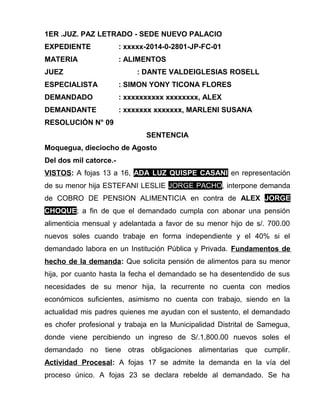 1ER .JUZ. PAZ LETRADO - SEDE NUEVO PALACIO 
EXPEDIENTE : xxxxx-2014-0-2801-JP-FC-01 
MATERIA : ALIMENTOS 
JUEZ : DANTE VALDEIGLESIAS ROSELL 
ESPECIALISTA : SIMON YONY TICONA FLORES 
DEMANDADO : xxxxxxxxxx xxxxxxxx, ALEX 
DEMANDANTE : xxxxxxx xxxxxxx, MARLENI SUSANA 
RESOLUCIÓN N° 09 
SENTENCIA 
Moquegua, dieciocho de Agosto 
Del dos mil catorce.- 
VISTOS: A fojas 13 a 16, ADA LUZ QUISPE CASANI en representación 
de su menor hija ESTEFANI LESLIE JORGE PACHO, interpone demanda 
de COBRO DE PENSION ALIMENTICIA en contra de ALEX JORGE 
CHOQUE; a fin de que el demandado cumpla con abonar una pensión 
alimenticia mensual y adelantada a favor de su menor hijo de s/. 700.00 
nuevos soles cuando trabaje en forma independiente y el 40% si el 
demandado labora en un Institución Pública y Privada. Fundamentos de 
hecho de la demanda: Que solicita pensión de alimentos para su menor 
hija, por cuanto hasta la fecha el demandado se ha desentendido de sus 
necesidades de su menor hija, la recurrente no cuenta con medios 
económicos suficientes, asimismo no cuenta con trabajo, siendo en la 
actualidad mis padres quienes me ayudan con el sustento, el demandado 
es chofer profesional y trabaja en la Municipalidad Distrital de Samegua, 
donde viene percibiendo un ingreso de S/.1,800.00 nuevos soles el 
demandado no tiene otras obligaciones alimentarias que cumplir. 
Actividad Procesal: A fojas 17 se admite la demanda en la vía del 
proceso único. A fojas 23 se declara rebelde al demandado. Se ha 
 