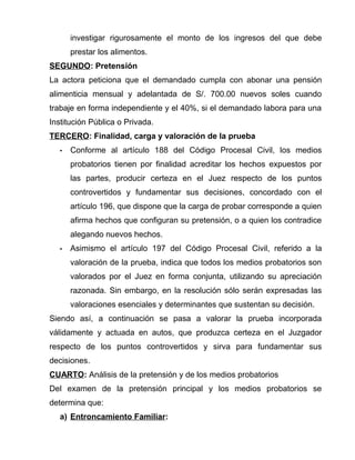 investigar rigurosamente el monto de los ingresos del que debe 
prestar los alimentos. 
SEGUNDO: Pretensión 
La actora peticiona que el demandado cumpla con abonar una pensión 
alimenticia mensual y adelantada de S/. 700.00 nuevos soles cuando 
trabaje en forma independiente y el 40%, si el demandado labora para una 
Institución Pública o Privada. 
TERCERO: Finalidad, carga y valoración de la prueba 
- Conforme al artículo 188 del Código Procesal Civil, los medios 
probatorios tienen por finalidad acreditar los hechos expuestos por 
las partes, producir certeza en el Juez respecto de los puntos 
controvertidos y fundamentar sus decisiones, concordado con el 
artículo 196, que dispone que la carga de probar corresponde a quien 
afirma hechos que configuran su pretensión, o a quien los contradice 
alegando nuevos hechos. 
- Asimismo el artículo 197 del Código Procesal Civil, referido a la 
valoración de la prueba, indica que todos los medios probatorios son 
valorados por el Juez en forma conjunta, utilizando su apreciación 
razonada. Sin embargo, en la resolución sólo serán expresadas las 
valoraciones esenciales y determinantes que sustentan su decisión. 
Siendo así, a continuación se pasa a valorar la prueba incorporada 
válidamente y actuada en autos, que produzca certeza en el Juzgador 
respecto de los puntos controvertidos y sirva para fundamentar sus 
decisiones. 
CUARTO: Análisis de la pretensión y de los medios probatorios 
Del examen de la pretensión principal y los medios probatorios se 
determina que: 
a) Entroncamiento Familiar : 
 