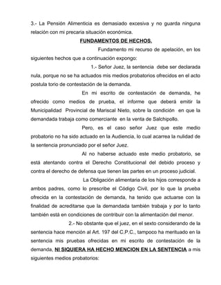 3.- La Pensión Alimenticia es demasiado excesiva y no guarda ninguna 
relación con mi precaria situación económica. 
FUNDAMENTOS DE HECHOS. 
Fundamento mi recurso de apelación, en los 
siguientes hechos que a continuación expongo: 
1.- Señor Juez, la sentencia debe ser declarada 
nula, porque no se ha actuados mis medios probatorios ofrecidos en el acto 
postula torio de contestación de la demanda. 
En mi escrito de contestación de demanda, he 
ofrecido como medios de prueba, el informe que deberá emitir la 
Municipalidad Provincial de Mariscal Nieto, sobre la condición en que la 
demandada trabaja como comerciante en la venta de Salchipollo. 
Pero, es el caso señor Juez que este medio 
probatorio no ha sido actuado en la Audiencia, lo cual acarrea la nulidad de 
la sentencia pronunciado por el señor Juez. 
Al no haberse actuado este medio probatorio, se 
está atentando contra el Derecho Constitucional del debido proceso y 
contra el derecho de defensa que tienen las partes en un proceso judicial. 
La Obligación alimentaria de los hijos corresponde a 
ambos padres, como lo prescribe el Código Civil, por lo que la prueba 
ofrecida en la contestación de demanda, ha tenido que actuarse con la 
finalidad de acreditarse que la demandada también trabaja y por lo tanto 
también está en condiciones de contribuir con la alimentación del menor. 
2.- No obstante que el juez, en el sexto considerando de la 
sentencia hace mención al Art. 197 del C.P.C., tampoco ha merituado en la 
sentencia mis pruebas ofrecidas en mi escrito de contestación de la 
demanda, NI SIQUIERA HA HECHO MENCION EN LA SENTENCIA a mis 
siguientes medios probatorios: 
 
