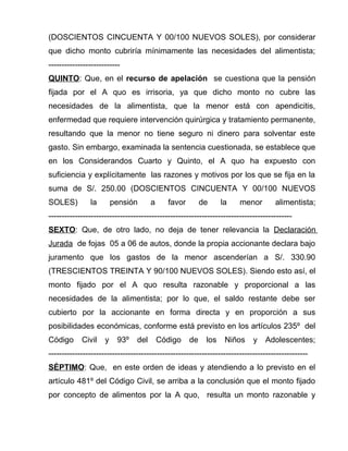 (DOSCIENTOS CINCUENTA Y 00/100 NUEVOS SOLES), por considerar 
que dicho monto cubriría mínimamente las necesidades del alimentista; 
--------------------------- 
QUINTO: Que, en el recurso de apelación se cuestiona que la pensión 
fijada por el A quo es irrisoria, ya que dicho monto no cubre las 
necesidades de la alimentista, que la menor está con apendicitis, 
enfermedad que requiere intervención quirúrgica y tratamiento permanente, 
resultando que la menor no tiene seguro ni dinero para solventar este 
gasto. Sin embargo, examinada la sentencia cuestionada, se establece que 
en los Considerandos Cuarto y Quinto, el A quo ha expuesto con 
suficiencia y explícitamente las razones y motivos por los que se fija en la 
suma de S/. 250.00 (DOSCIENTOS CINCUENTA Y 00/100 NUEVOS 
SOLES) la pensión a favor de la menor alimentista; 
-------------------------------------------------------------------------------------------- 
SEXTO: Que, de otro lado, no deja de tener relevancia la Declaración 
Jurada de fojas 05 a 06 de autos, donde la propia accionante declara bajo 
juramento que los gastos de la menor ascenderían a S/. 330.90 
(TRESCIENTOS TREINTA Y 90/100 NUEVOS SOLES). Siendo esto así, el 
monto fijado por el A quo resulta razonable y proporcional a las 
necesidades de la alimentista; por lo que, el saldo restante debe ser 
cubierto por la accionante en forma directa y en proporción a sus 
posibilidades económicas, conforme está previsto en los artículos 235º del 
Código Civil y 93º del Código de los Niños y Adolescentes; 
-------------------------------------------------------------------------------------------------- 
SÉPTIMO: Que, en este orden de ideas y atendiendo a lo previsto en el 
artículo 481º del Código Civil, se arriba a la conclusión que el monto fijado 
por concepto de alimentos por la A quo, resulta un monto razonable y 
 