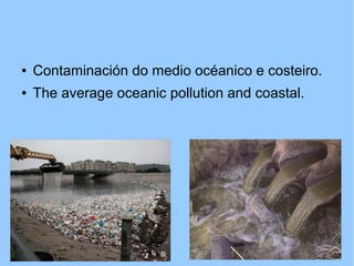 ● Contaminación do medio océanico e costeiro.
● The average oceanic pollution and coastal.