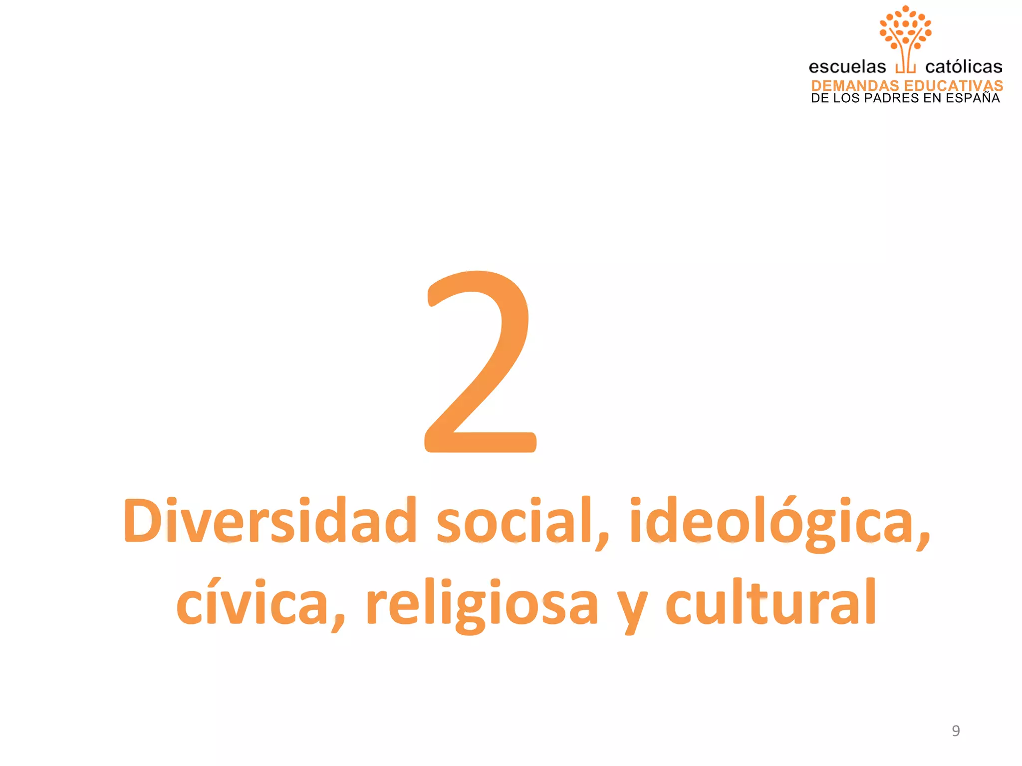 DEMANDAS EDUCATIVAS
DE LOS PADRES EN ESPAÑA
2Diversidad social, ideológica,
cívica, religiosa y cultural
9
 