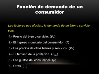 Función de demanda de un
consumidor
Los factores que afectan, la demanda de un bien o servicio
son:
1.- Precio del bien o servicio. 𝑃𝑋
2.- El ingreso monetario del consumidor. 𝐼
3.- Los precios de otros bienes y servicios. 𝑃𝑌
4.- El tamaño de la población. 𝑃𝑜𝑏
5.- Los gustos del consumidor. 𝜇
6.- Otros. (...)
 