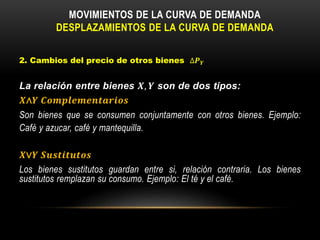 2. Cambios del precio de otros bienes ∆𝑷 𝒀
La relación entre bienes 𝑿, 𝒀 son de dos tipos:
𝑿∧𝒀 𝑪𝒐𝒎𝒑𝒍𝒆𝒎𝒆𝒏𝒕𝒂𝒓𝒊𝒐𝒔
Son bienes que se consumen conjuntamente con otros bienes. Ejemplo:
Café y azucar, café y mantequilla.
𝑿∨𝒀 𝑺𝒖𝒔𝒕𝒊𝒕𝒖𝒕𝒐𝒔
Los bienes sustitutos guardan entre si, relación contraria. Los bienes
sustitutos remplazan su consumo. Ejemplo: El té y el café.
MOVIMIENTOS DE LA CURVA DE DEMANDA
DESPLAZAMIENTOS DE LA CURVA DE DEMANDA
 