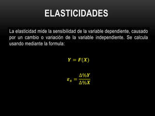 ELASTICIDADES
La elasticidad mide la sensibilidad de la variable dependiente, causado
por un cambio o variación de la variable independiente. Se calcula
usando mediante la formula:
𝒀 = 𝑭(𝑿)
𝜺 𝒙 =
∆%𝒀
∆%𝑿
 