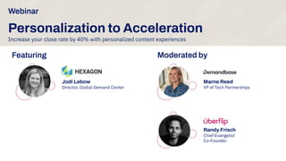 Personalization to Acceleration
Featuring
Jodi Lebow
Director, Global Demand Center
Moderated by
Marne Reed
VP of Tech Partnerships
Randy Frisch
Chief Evangelist
Co-Founder
Increase your close rate by 40% with personalized content experiences
Webinar
 