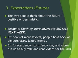3. Expectations (Future)
 The way people think about the future –
positive or pessimistic.
 Example: Clothing store advertises BIG SALE
NEXT WEEK.
 Ex: news of more layoffs, people hold back on
big purchases, luxury items…
 Ex: forecast snow storm/snow day and moms
run up to buy milk and rent videos for the kids
 
