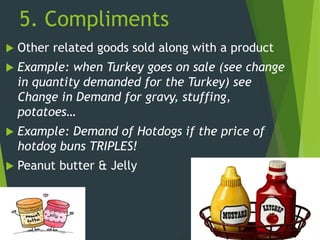 5. Compliments
 Other related goods sold along with a product
 Example: when Turkey goes on sale (see change
in quantity demanded for the Turkey) see
Change in Demand for gravy, stuffing,
potatoes…
 Example: Demand of Hotdogs if the price of
hotdog buns TRIPLES!
 Peanut butter & Jelly
 