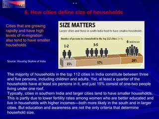 6. How cities define size of households Cities that are growing rapidly and have high levels of in-migration also tend to have smaller households The majority of households in the top 112 cities in India constitute between three and five persons, including children and adults. Yet, at least a quarter of the households have at least six persons in it, and just 15% consist of one-two people living under one roof. Typically, cities in southern India and larger cities tend to have smaller households. This is partly due to lower fertility rates among women who are better educated and live in households with higher incomes—both more likely in the south and in larger cities. But education and awareness are not the only criteria that determine household size. Source: Housing Skyline of India 