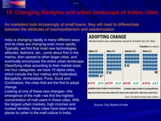 15. Changing lifestyles and urban landscape of Indian cities As marketers look increasingly at small towns, they will need to differentiate between the attributes of cosmopolitanism and westernization India is changing rapidly in many different ways and its cities are changing even more rapidly. Typically, we find that most new technologies, attitudes, fashions, etc., come about first in the metros, then spread to other larger cities, and eventually encompass the entire urban landscape. Classifying cities according to their market sizes into four categories, we have 10 alpha cities, which include the four metros and Hyderabad, Bangalore, Ahmedabad, Pune, Surat and Coimbatore, the cities that are the first to adopt change. Looking at one of these new changes—the emergence of the mall—we find the highest concentration of mall users in these cities. With the largest urban markets, high incomes and nuclear families, these cities have been ideal places to usher in the mall culture in India. Source: City Skyline of India   