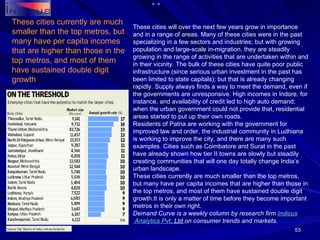 These cities will over the next few years grow in importance and in a range of areas. Many of these cities were in the past specializing in a few sectors and industries; but with growing population and large-scale in-migration, they are steadily growing in the range of activities that are undertaken within and in their vicinity. The bulk of these cities have quite poor public infrastructure (since serious urban investment in the past has been limited to state capitals); but that is already changing rapidly. Supply always finds a way to meet the demand, even if the governments are unresponsive. High incomes in Indore, for instance, and availability of credit led to high auto demand; when the urban government could not provide that, residential areas started to put up their own roads. Residents of Patna are working with the government for improved law and order, the industrial community in Ludhiana is working to improve the city, and there are many such examples. Cities such as Coimbatore and Surat in the past have already shown how tier II towns are slowly but steadily creating communities that will one day totally change India’s urban landscape. These cities currently are much smaller than the top metros, but many have per capita incomes that are higher than those in the top metros, and most of them have sustained double digit growth.It is only a matter of time before they become important metros in their own right. Demand Curve is a weekly column by research firm  Indicus  Analytics  Pvt . Ltd  on consumer trends and markets. These cities currently are much smaller than the top metros, but many have per capita incomes that are higher than those in the top metros, and most of them have sustained double digit growth 