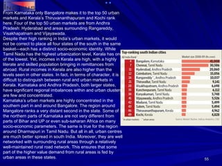 From Karnataka only Bangalore makes it to the top 50 urban markets and Kerala’s Thiruvananthapuram and Kochi rank here. Four of the top 50 urban markets are from Andhra Pradesh: Hyderabad and areas surrounding Rangareddy, Visakhapatnam and Vijayawada. Despite their high ranking in India’s urban markets, it would not be correct to place all four states of the south in the same basket—each has a distinct socio-economic identity. While Tamil Nadu has the highest urbanization level, Kerala has one of the lowest. Yet, incomes in Kerala are high, with a highly literate and skilled population bringing in remittances from abroad. Rural incomes in Kerala are also higher than the levels seen in other states. In fact, in terms of character, it is difficult to distinguish between rural and urban markets in Kerala. Karnataka and Andhra Pradesh, both larger states, have significant regional imbalances within and urban clusters are few and concentrated. Karnataka’s urban markets are highly concentrated in the southern part in and around Bangalore. The region around Mangalore ranks a very distant second in the state. Some of the northern parts of Karnataka are not very different from parts of Bihar and UP or even sub-saharan Africa on many socio-economic parameters. The same is true for the region around Dharmapuri in Tamil Nadu. But all in all, urban centres are much better spread in south India. Moreover, they are well networked with surrounding rural areas through a relatively well-maintained rural road network. This ensures that some part of the higher value demand from rural areas is fed by urban areas in these states. 