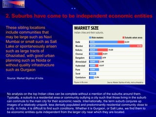 2. Suburbs have come to be independent economic entities These sibling locations include communities that may be large such as Navi Mumbai or small such as Salt Lake or spontaneously arisen such as large tracts of Ghaziabad, with good urban planning such as Noida or without quality infrastructure such as Gurgaon No analysis on the top Indian cities can be complete without a mention of the suburbs around them. Typically, a suburb is a residential area or community outlying a city such that those living in the suburb can commute to the main city for their economic needs. Internationally, the term suburb conjures up images of a relatively unspoilt, less densely populated and predominantly residential community close to a city. In India, it is difficult to find such conditions. Whether it is Gurgaon, or Salt Lake, we find them to be economic entities quite independent from the larger city near which they are located.  Source: Market Skyline of India 
