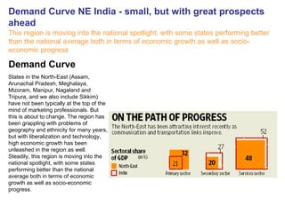 Demand Curve NE India - small, but with great prospects ahead This region is moving into the national spotlight, with some states performing better than the national average both in terms of economic growth as well as socio-economic progress   States in the North-East (Assam, Arunachal Pradesh, Meghalaya, Mizoram, Manipur, Nagaland and Tripura, and we also include Sikkim) have not been typically at the top of the mind of marketing professionals. But this is about to change. The region has been grappling with problems of geography and ethnicity for many years, but with liberalization and technology, high economic growth has been unleashed in the region as well. Steadily, this region is moving into the national spotlight, with some states performing better than the national average both in terms of economic growth as well as socio-economic progress. Demand Curve 